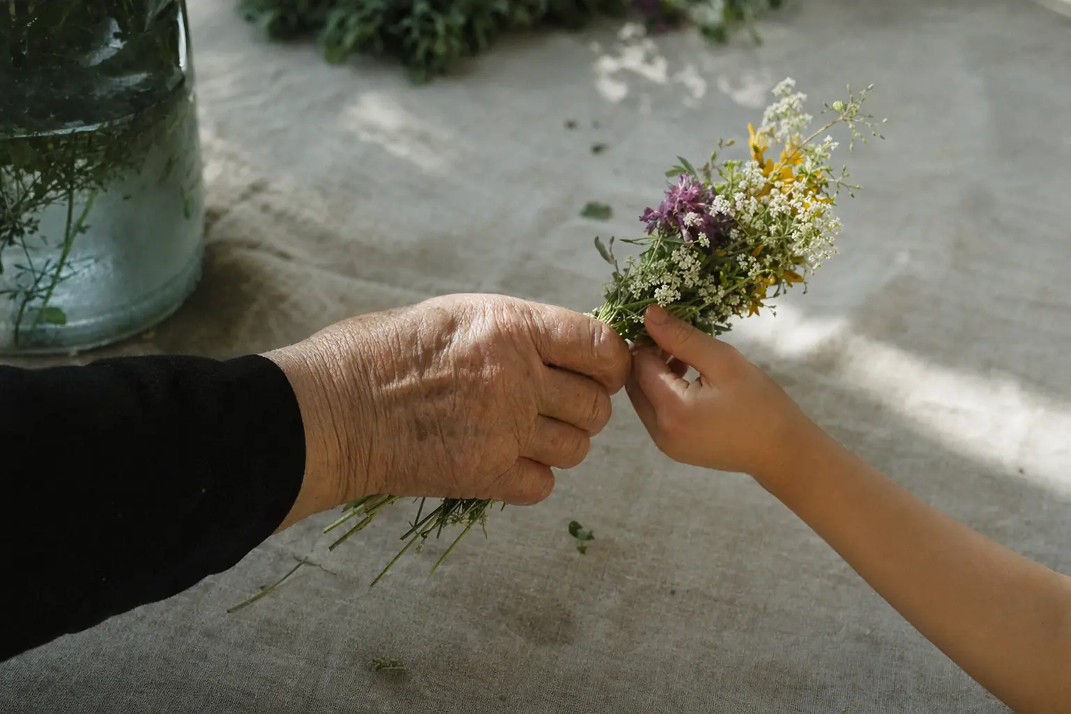 Close-up of one hand passing a small bunch of wildflowers to another — a quiet gesture of support