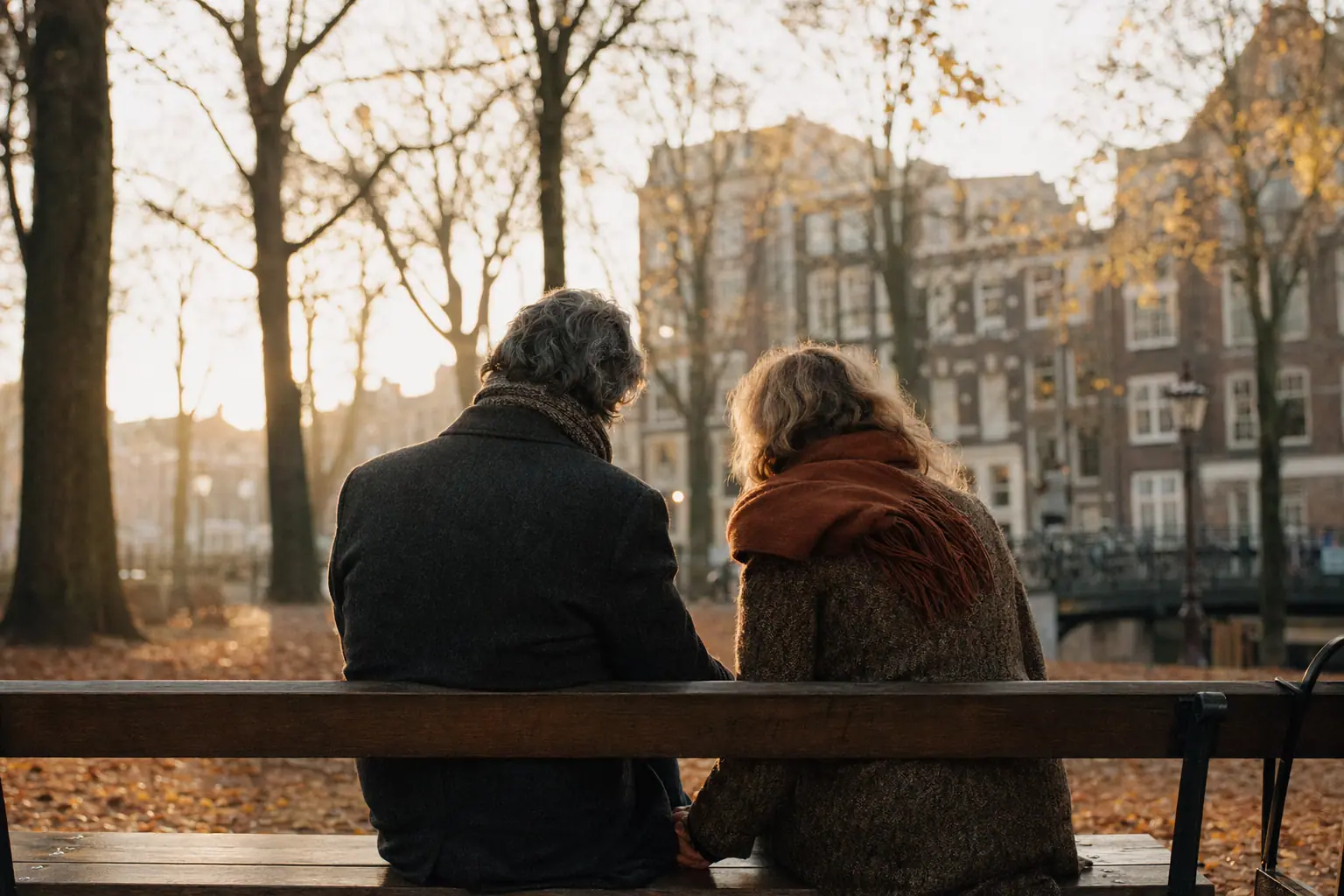 Two people sitting together on a bench in an Amsterdam park, talking